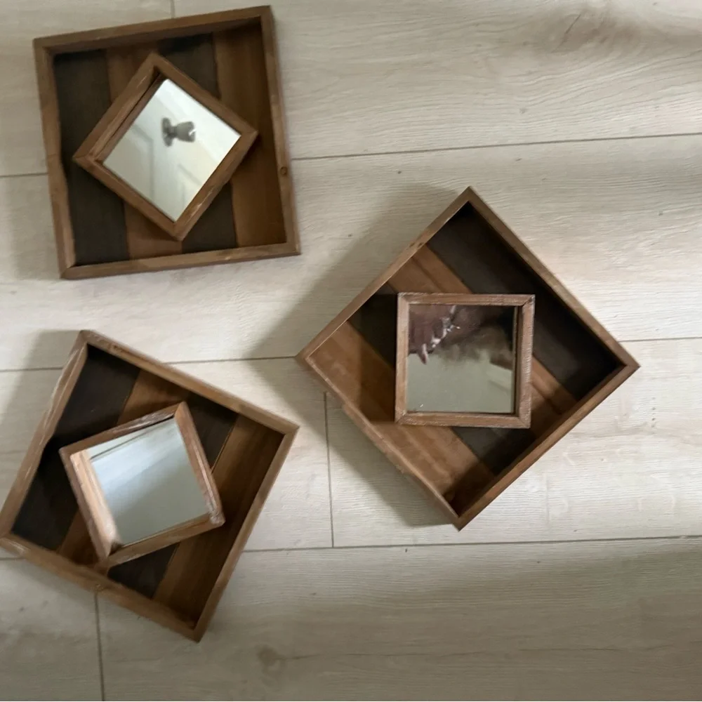 Rustic Brown Wooden Wall Mirror Set